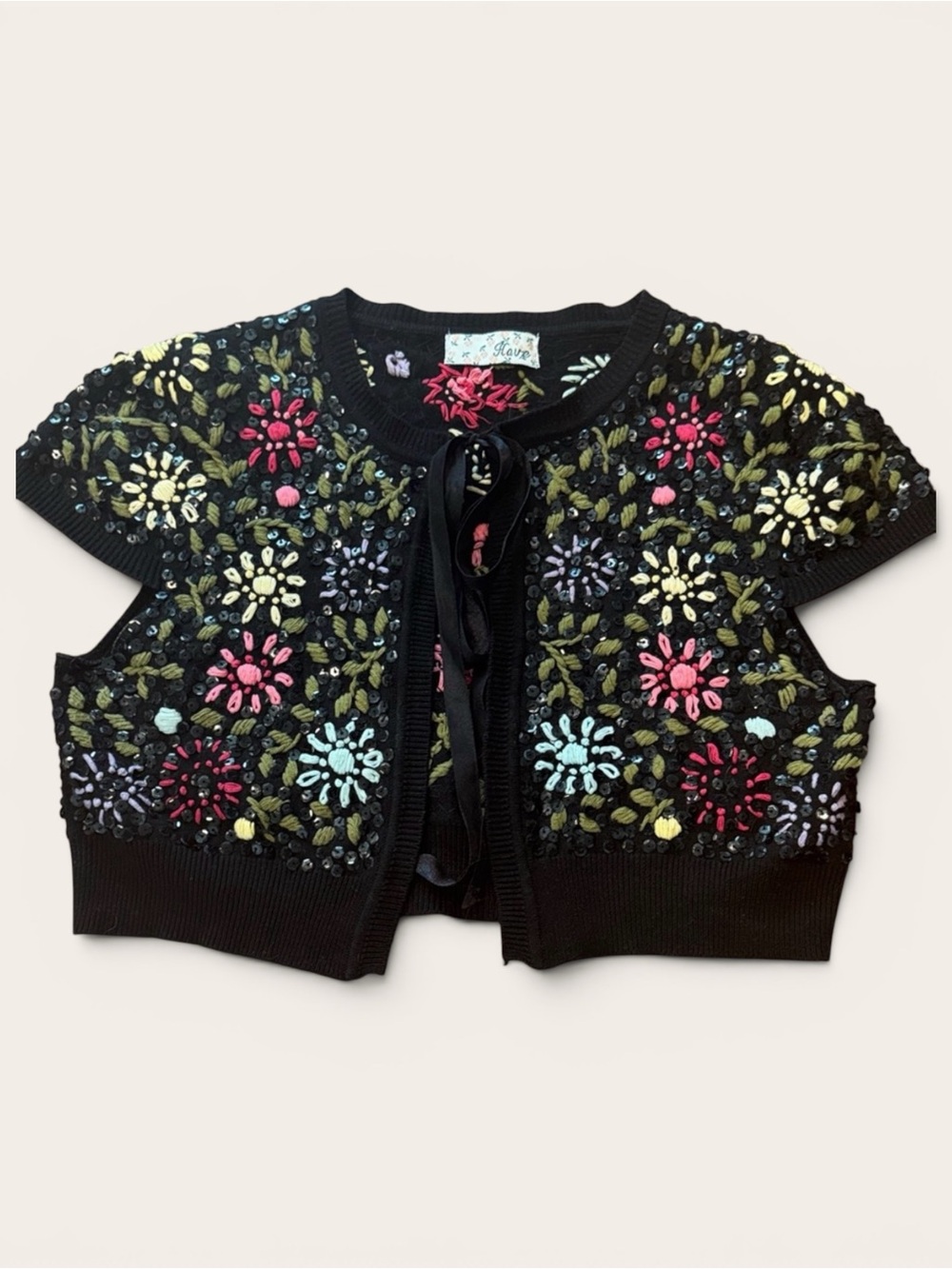 Have Black Floral Embroidered Sequin Shrug, Size Medium, Vintage!